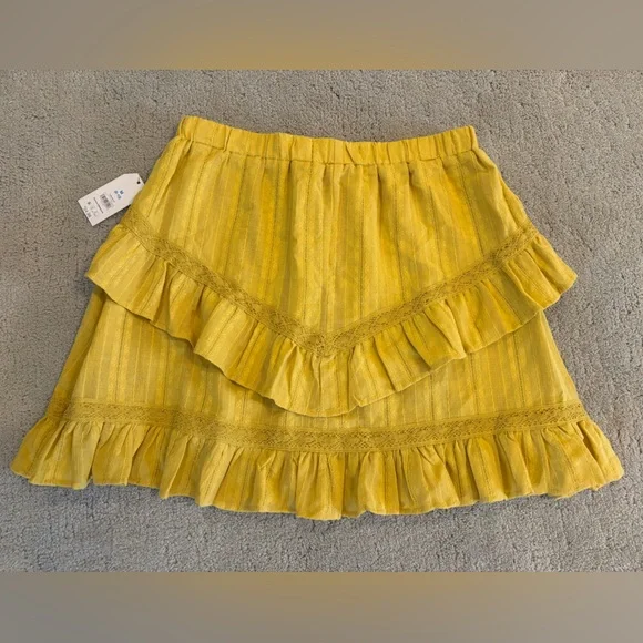 NWT Time Tru Asymmetrical Mustard Yellow Skirt Ruffle Tiered Summer Boho Lace - Picture 2 of 6